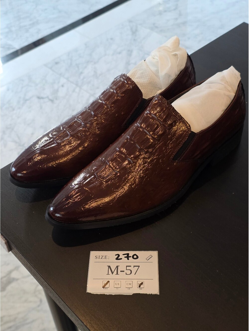 Men's Brown Glossy Loafers, Croc Pattern